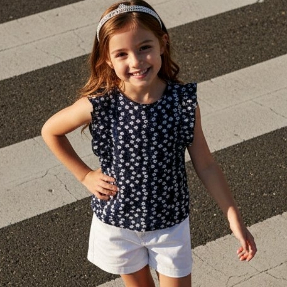 2pc GIRLS SHORT SET BLUE FLORAL TOP & WHITE SHORTS SIZE M Medium 6/6X NEW